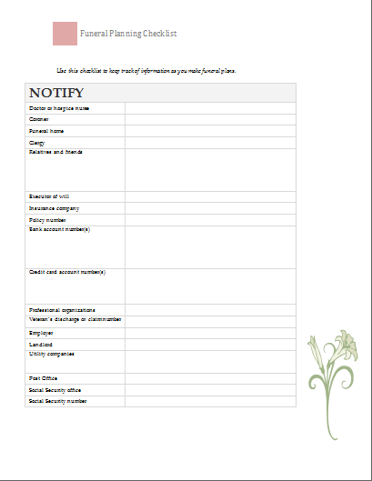 Funeral Planning Checklists Printable Templates